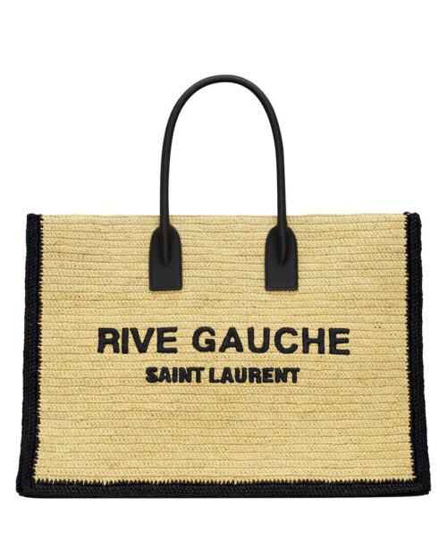 Saint Laurent Rive Gauche Tote Bag In Raffia And Leather Apricot